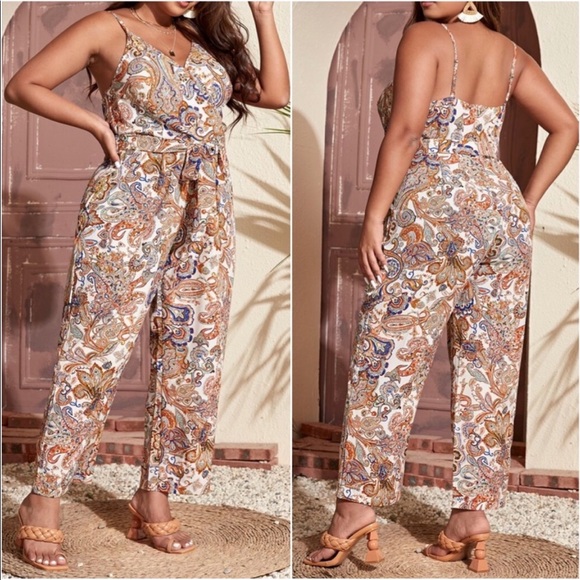 Boho Plus Size Paisley Floral Print Belted Cami Jumper Jumpsuit - Picture 2 of 9